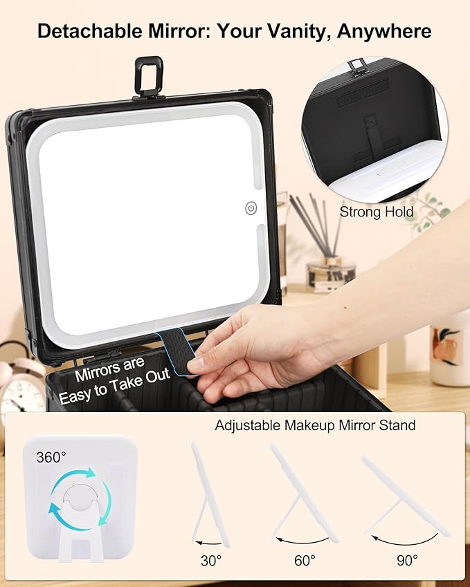 Makeup Case with Lighted Mirror, Travel Makeup Box with LED Mirror Makeup Organizer Bag Portable Cosmetic Train Case Makeup Artist Storage Bags with Adjustable Dividers Gifts for Women and Girls