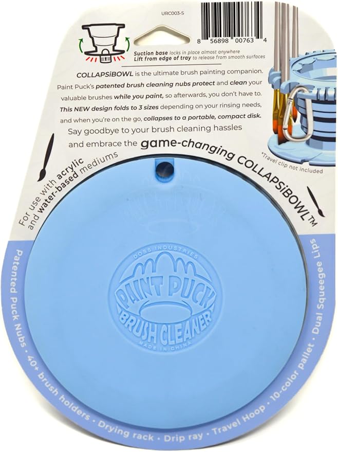 Paint Puck CollapsiBowl Paint Brush Cleaner Rinse Cup (Blue) – Collapsible Paint Water Cup & Brush Cleaner with Brush Holder, Squeegee Lips & Drip Tray for Acrylic, Watercolor & Art Supplies