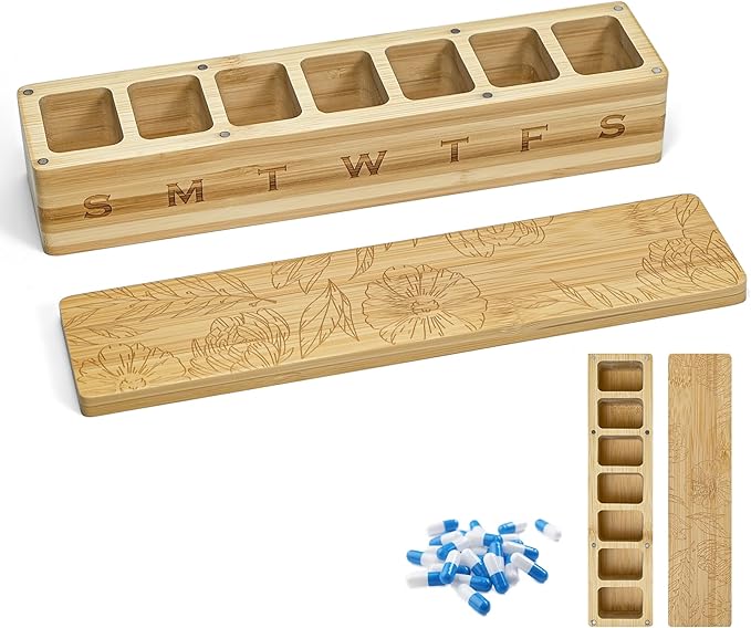 Wood Weekly Pill Organizer, 7 Day Bamboo Tablet Box Vitamin Dispenser, Portable Aesthetic Magnetic Pill Case Container Box for Vitamins Fish Oil Pills or Supplements Daily Travel