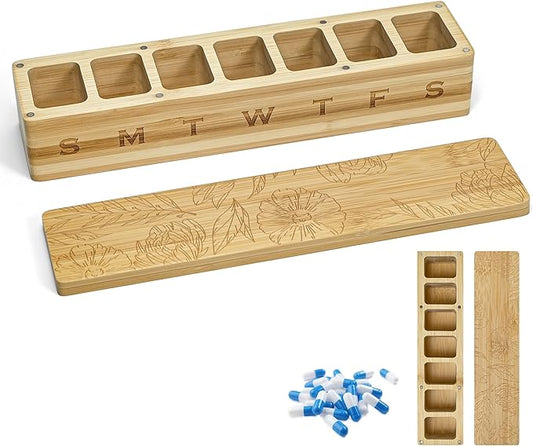 Wood Weekly Pill Organizer, 7 Day Bamboo Tablet Box Vitamin Dispenser, Portable Aesthetic Magnetic Pill Case Container Box for Vitamins Fish Oil Pills or Supplements Daily Travel
