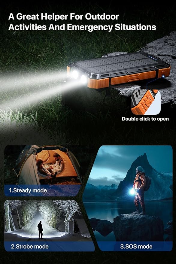 Solar Power Bank 49800mAh Wireless Portable Charger with USB-C 15W Fast Charging with 4 Built-in Cables LED Flashlight Battery Pack Compatible with iPhone, iPad, Smartphone,Perfect for Camping, Hiking