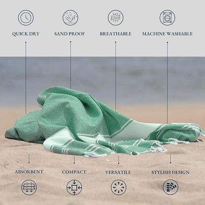 LANE LINEN Turkish Beach Towels, 2 Pack Extra Large Beach Towel, Pre-Washed for Soft Feel, Oversized Sand Free Quick-Dry Pool Towel, Beach Towels for Adults,39"x71" - Jade Green