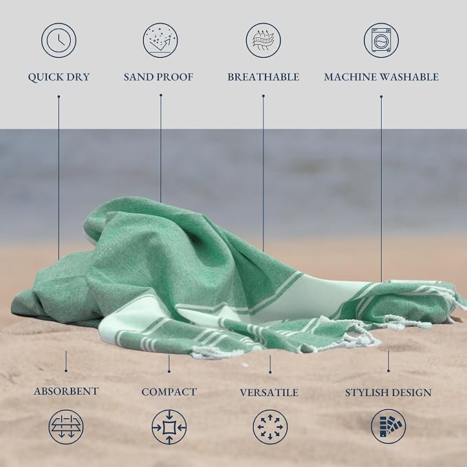 LANE LINEN Large Turkish Towel Set of 4 – Pre-Washed Pool Towels, Extra Large, Quick Dry & Sand Free, Fast Drying Lightweight Travel Towels, 39"x71" – Jade Green