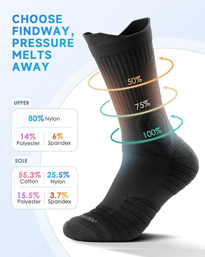 findway Compression Running Socks 3 Pairs, Anti-Blister Crew Socks All Day Dry Athletic Socks for Men and Women