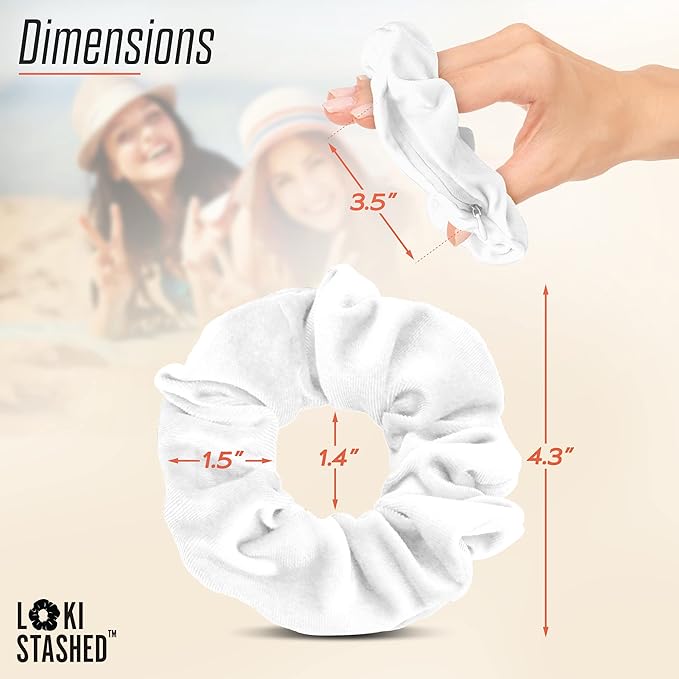 3-PACK Velvet Hair Tie Scrunchies for VSCO Girls & Women, THE ORIGINAL HIDDEN POCKET SCRUNCHIE with Zipper Pocket Storage, Accessories, Small Items, Keys, Money - Triple White Set
