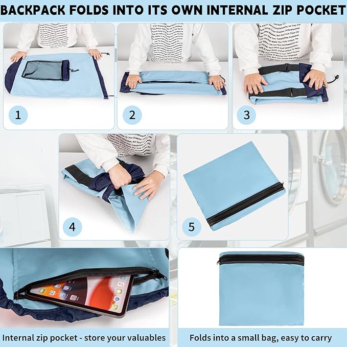 Laundry Bag Backpack with Shoulder Straps and Mesh Pocket Foldable Clothes Hamper Bag with Drawstring Closure for College, Apartment, Laundromat (Light Blue)