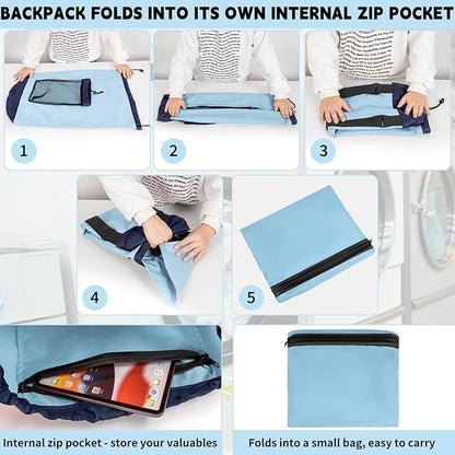 Laundry Bag Backpack with Shoulder Straps and Mesh Pocket Foldable Clothes Hamper Bag with Drawstring Closure for College, Apartment, Laundromat (Light Blue)