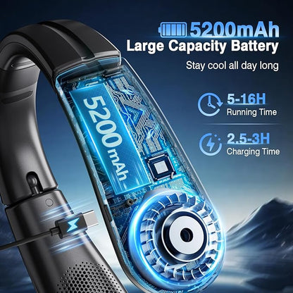 ChillGo Portable Neck Fan - 8400 RPM Enlarged Turbo Airflow - 5200mAh Personal Rechargeable Cooling Wearable Fan - Max 16H, 4 Speeds, Foldable, LED Display - Great Gifts for Men Women - 2nd Gen Black