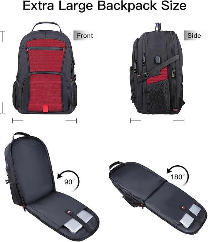 Extra Large Backpack, Travel Laptop Backpack, Sturdy TSA Water Resistant 17.3 Inch Carry on Backpacks with USB Port, Anti Theft Business Computer Backpacks Gifts for Men Women, Red