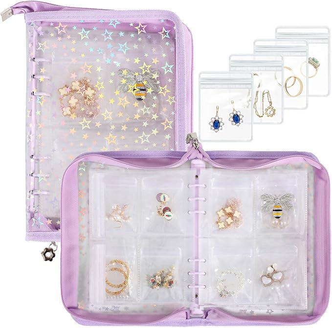Jewelry Organizer Case Travel Clear Earring Organizer Case Transparent Jewelry Storage Book with Clear Zippered Jewelry Pouch (Purple, With 80 Pcs small Jewelry Pouches)