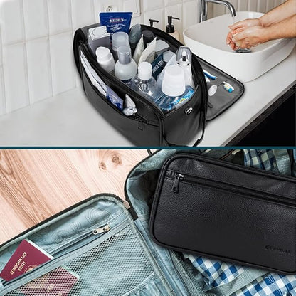 PAVILIA Toiletry Bag for Men, Travel Essentials Shaving Dopp Kit, Mens Travel Bag Toiletries Organizer Case for Grooming, PU Leather Water Resistant Cosmetic Bag Pouch (XL, Black)
