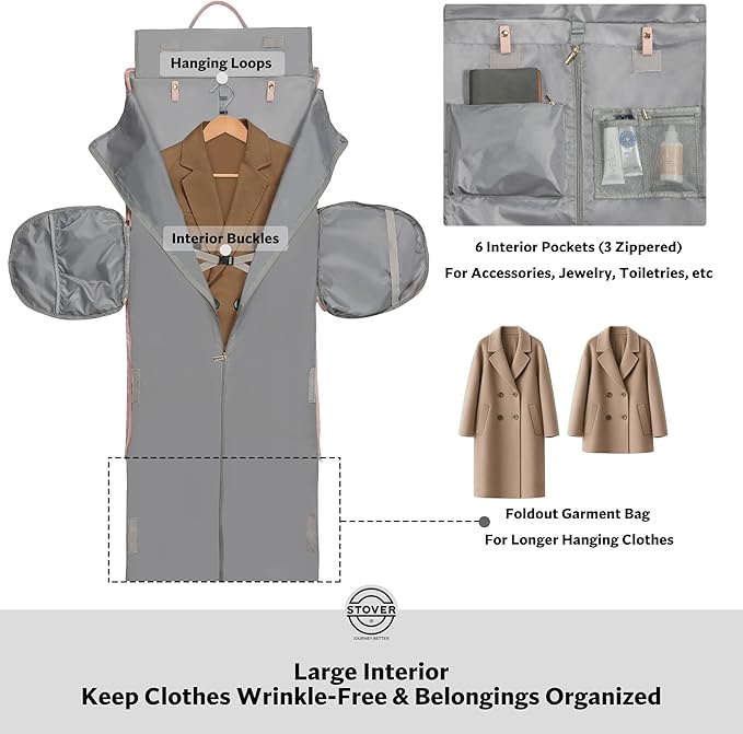 STOVER Women’s Convertible Garment Duffel Bag for Travel – 2-in-1 Carry-On Weekender/Overnight Tote - Wrinkle-Free Dresses, Hanging Suits & Clothes Plus Shoe Compartment & Bonus Toiletry Bag (Pink)