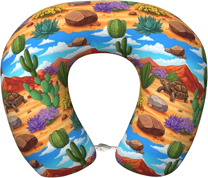 Comfortable Memory Foam Neck Pillow Desert Tortoise Cactus, Travel U Shaped Airplane/Car/Flight Pillows with Removable Zipper Cover, Chin Head Neck Support Cushion