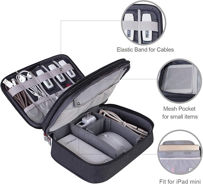 BUBM Electronic Organizer, Double Layer Travel Gadget Carry Bag for Cables, Plugs, Earphone, Flash Hard Drive and More--a Sleeve Pouch for iPad Mini(Medium, Black)