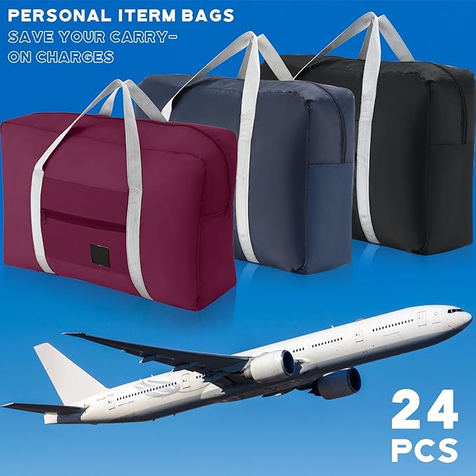 Sweetude 24 Pcs Travel Duffel Bags Bulk Foldable Luggage Bag Women Men Waterproof Carry Tote with Trolley Sleeve for Gym, Overnight, Airlines(Navy Blue, Wine Red, Black)