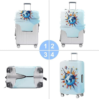Luggage Cover - World Travel Themed Suitcase Protector with Iconic Landmarks and Hot Air Balloons - Durable, Elastic, and Stylish Design for Travel Bags,M