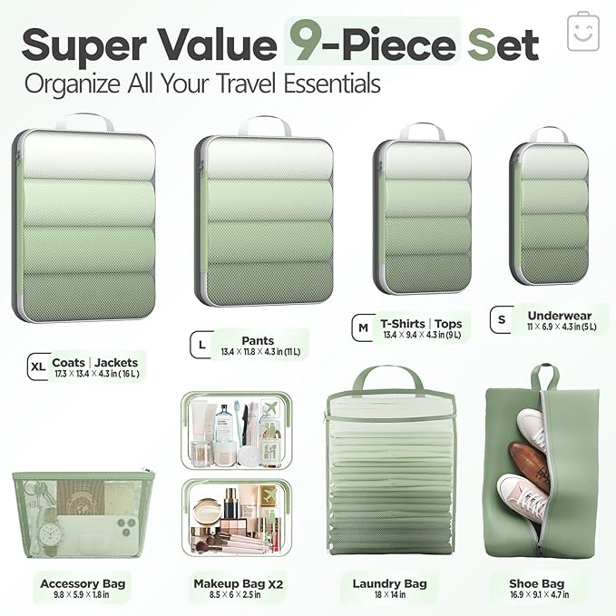 Veken 9/11 Set Compression Packing Cubes for Travel Essentials,Compressible Expandable Large Luggage Suitcase Organizer Bags for Clothing,Durable Space Saver Storage Bags(Matcha Green)