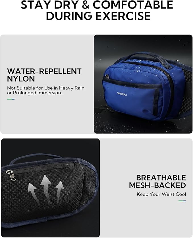 WATERFLY Fanny Pack Waist Bag: 2.3L Large RFID Blocking Crossbody Bags for Women Men, Breathable Casual Anti-Theft Hip Pouch for Traveling Walking Hiking-Navy Blue