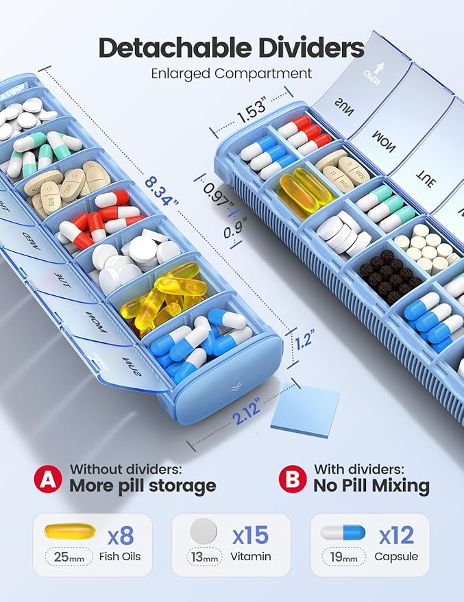 VAYDEER Metal Weekly Pill Organizer – Moisture-Proof Travel Pill Organizer with Built-in Desiccant Chamber and Airtight Lids – Large-Capacity Pill Box for Vitamins, Medicines & Supplements (Champagne)