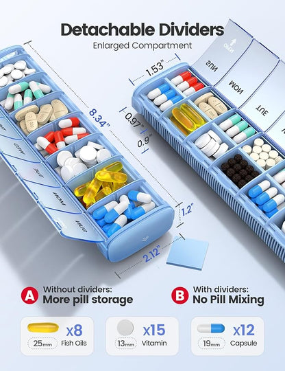 VAYDEER Metal Weekly Pill Organizer – Moisture-Proof Travel Pill Organizer with Built-in Desiccant Chamber and Airtight Lids – Large-Capacity Pill Box for Vitamins, Medicines & Supplements (Blue)