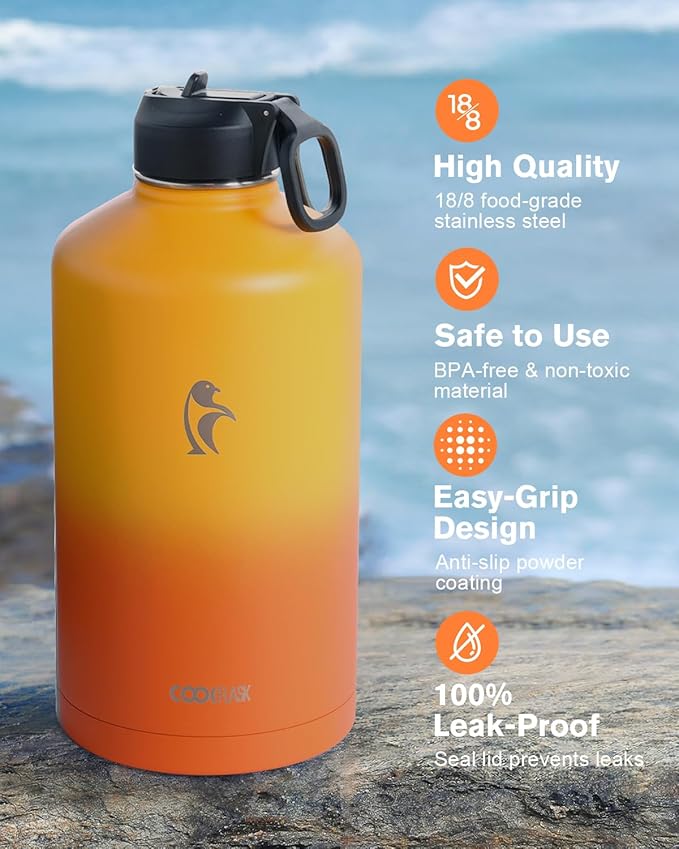 Coolflask 128 oz Gallon Water Bottle Insulated with Straw&3 Lids, Water Jug Large Stainless Steel Metal Vacuum Wide Mouth for Sports, Gym or Office, Non-BPA Keep Cold 48H Hot 24H, Ombre Yellow/Orange