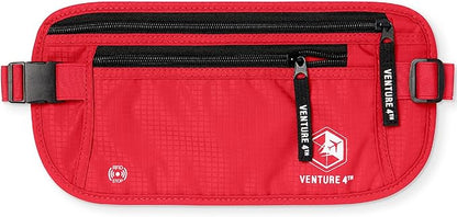 VENTURE 4TH Travel Money Belt - Slim Passport Holder RFID Blocking Travel Pouch to Protect Cash, Credit Cards and Travel Documents (Red)