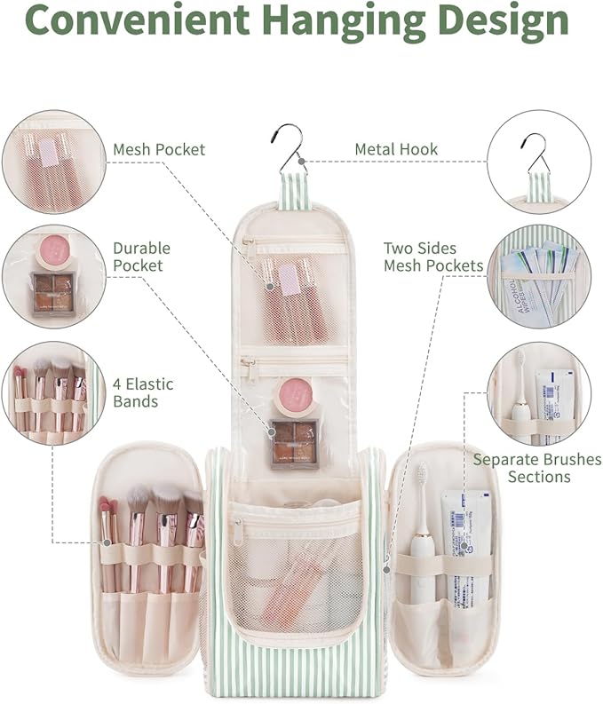 Narwey Small Striped Hanging Travel Toiletry Bag for Women, Travel Bag for Toiletries, Makeup Bag Organizer Cosmetic Bags Make Up Bags for Women (Mint Green Stripe)