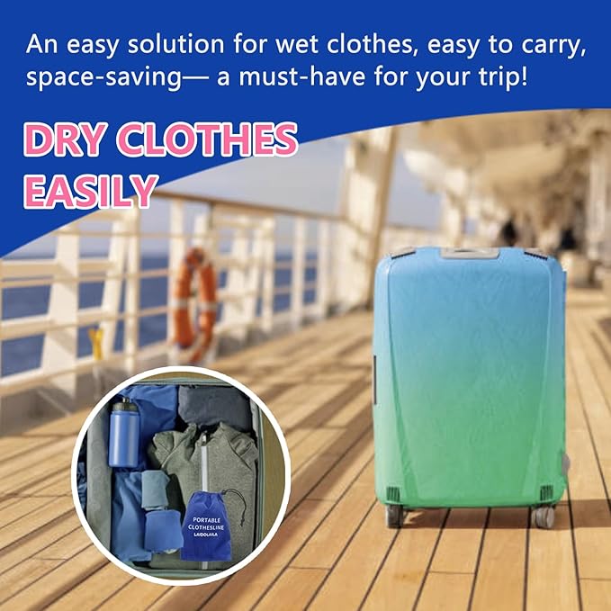 Magnetic Retractable Clothes Line for Cabin - Approved 2025 Cruise Essentials Clothes Drying Rack Travel Clothesline with Clothespins -4 Luggage Tags Strong Magnets Hooks (Blue)