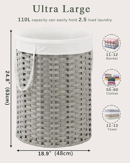 Laundry Basket Round Rattan Laundry Hamper 29.1 Gal (110 L) Handwoven Large Wicker Basket with Handles, Wicker Hamper with Removable Bags and 2 Mesh Bags for Bathroom Living Room Gray