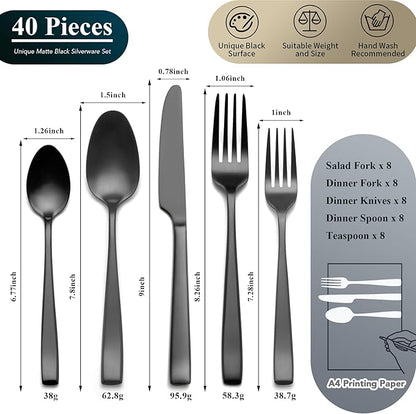 Matte Black Silverware Set, EIUBUIE 40-Piece Premium Stainless Steel Black Cutlery Set for 8, Matte Flatware Sets, Kitchen Utensils Sets Include Forks Spoons Knives