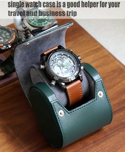 Travel Case, Premium Leather Single Watch Case, Variable Size Pillow Design, Portable Storage Box for Men and Women, Green Roll Organizer With Faux Suede Fabric Lining