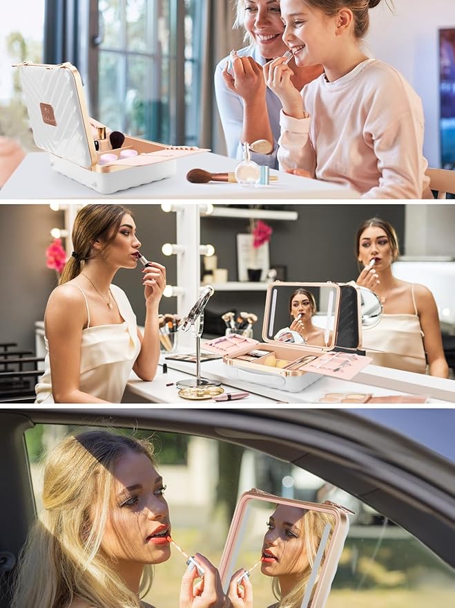 Kalolary Travel Makeup Train Cases with Lighted Mirror 3 Color Setting, Makeup Bag Cosmetic Case Organizer Adjustable Brightness Portable Makeup Storage Box For Makeup Brushes Accessories Tools,White