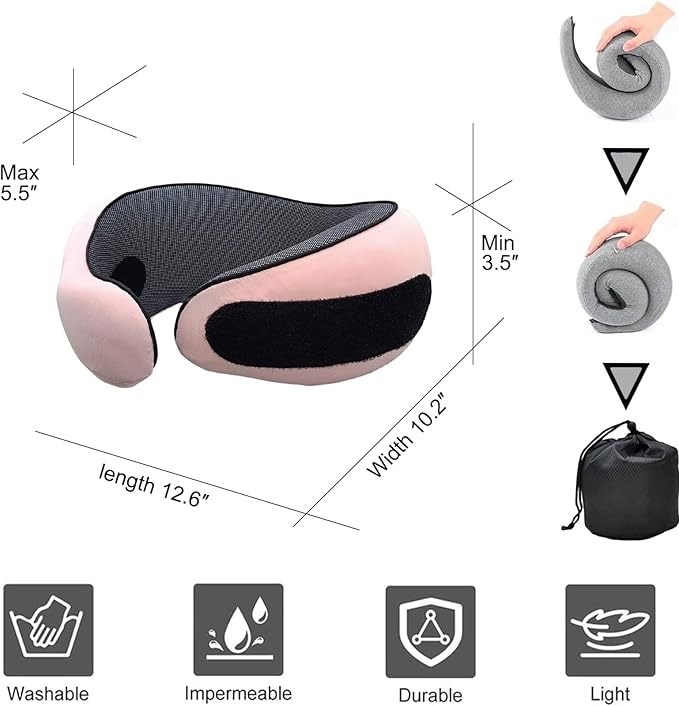 Benebou Travel Neck Pillow for Airplanes, 100% Pure Memory Foam Travel Pillow, 360° Support Ergonomic Design, Portable Airplane Pillow with Washable Cover, Perfect for Airplanes, Car & Office (Pink)