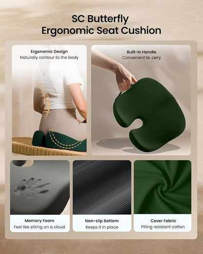 ProtoArc Seat Cushion, Office Chair Cushion for Sciatica, Coccyx Cushion, Ergonomic Memory Foam Seat Cushion for Car, Home, Pressure Relief Pad for Hip, Tailbone, All Day Comfort - Dark Green