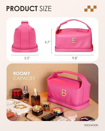 Gifts for College Girls, Personalized Makeup Bag with Handle, Initial Double Layer Cosmetic Bag with Makeup Brush Organizer, Cute Cosmetic Pouch for Women, Gifts for Friends Mom