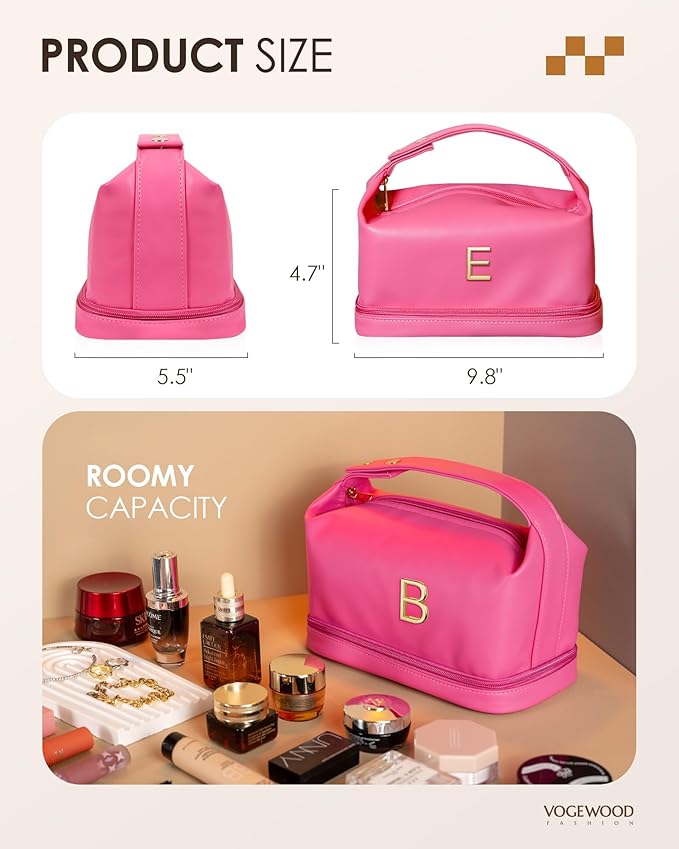 Gifts for Women 30s, Personalized Makeup Bag with Handle, Initial Double Layer Cosmetic Bag with Makeup Brush Organizer, Cute Cosmetic Pouch for Women, Gifts for Friends Granddaughter