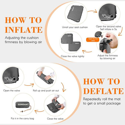 Inflatable Seat Cushion, Self-Inflating Memory Foam Stadium Seats Cushion Portable Camping Air-Foam Sitting Pad for Travel Airplane Car Bleachers Backpacking Office, Lightweight & Compact