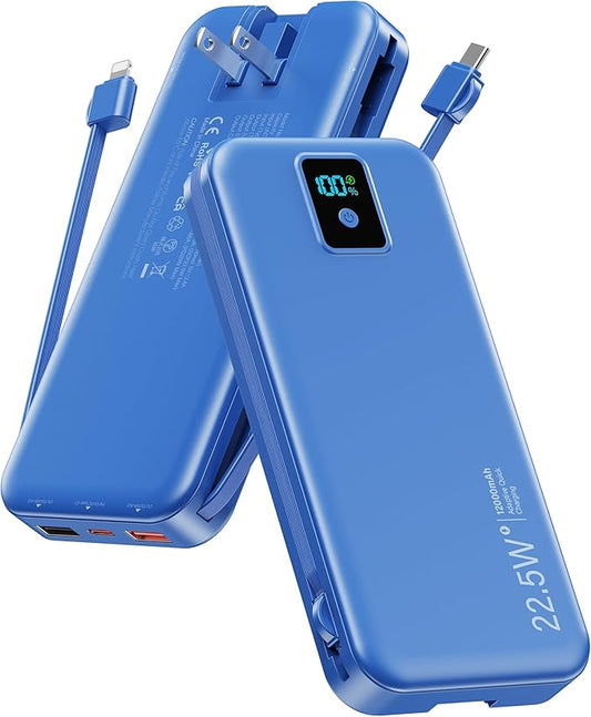 Portable Charger, 12000mAh 22.5W Fast Charging Power Bank with Built-in Cables & Wall Plug, Travel Essentials Battery Pack with LED Display, USB C External Battery Bank for iPhone iPad, Samsung Navy