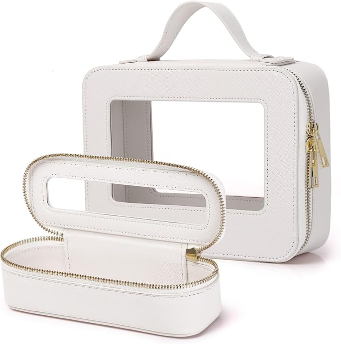 Pinkmik Travel Clear Makeup Bag with Brush Bag Portable Cosmetic Bag Case Transparent Toiletry Bag Cosmetic Organizer Storage Bag for Women (White, L+SLIM)