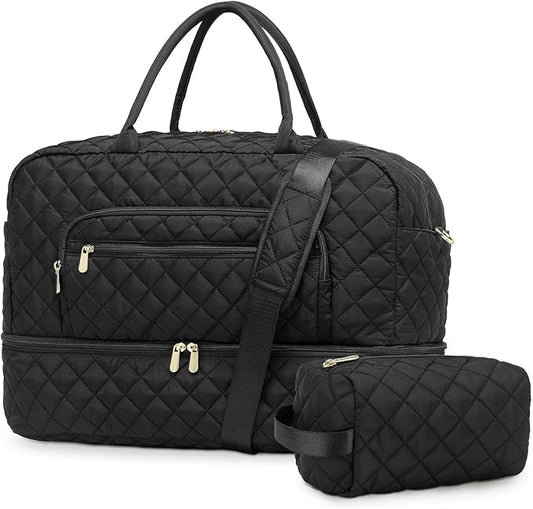 50L Large Travel Duffle Bag for Women, Weekender Overnight Bag W/Shoe Compartment+Wet Pocket+Toiletry Bag TSA Approved, Black