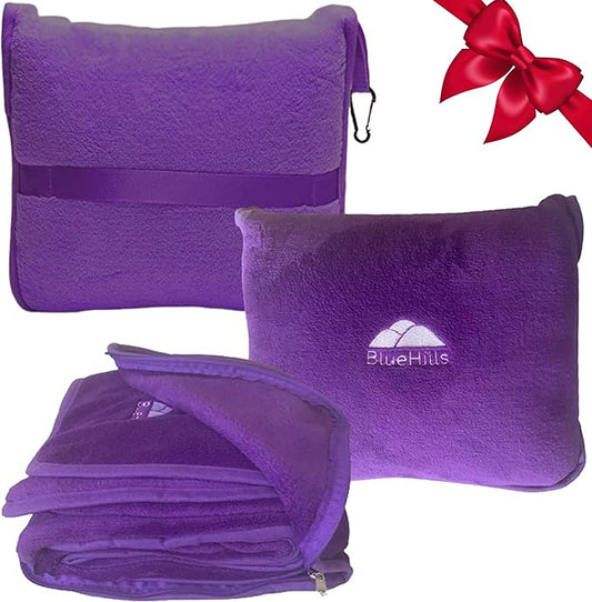 BlueHills Travel Blanket Pillow Premium Soft Plush for Airplane Travel Size Blanket Throw Long Flight Essentials in Compact Bag Plane Portable Lightweight Purple T021