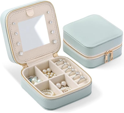Genuine Leather Travel Jewelry Organizer Case with Mirror for Women, Small Mini Portable Jewelry Box for Ring Earrings Necklace Bracelet Luxury Gift for Women（Cyan）