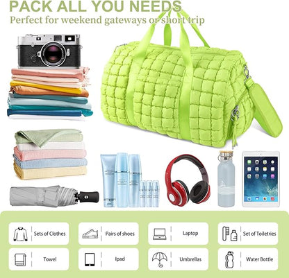Quilted Travel Duffle Bag Gym Bag for Women,Large Puffer Duffle Weekender Bag with Compartment,Workout Overnight Carry on Organizer Bag Duffle Bag for Airplane Travel(L-Green)