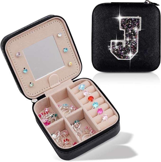 Travel Jewelry Case - Personalized Jewelry Box for Women,Small Jewelry Organizer Cute Jewelry Organizers and Storage Aesthetic,Travel Essentials Birthday Gifts for Girls Women | Black,J