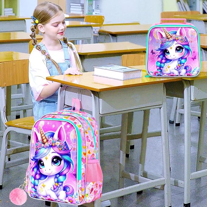 WZLVO 3PCS Kids Backpack for Girls, Unicorn Dinosaur Animal Prechool Elementary Kindergarten School Bookbag with Lunch Box