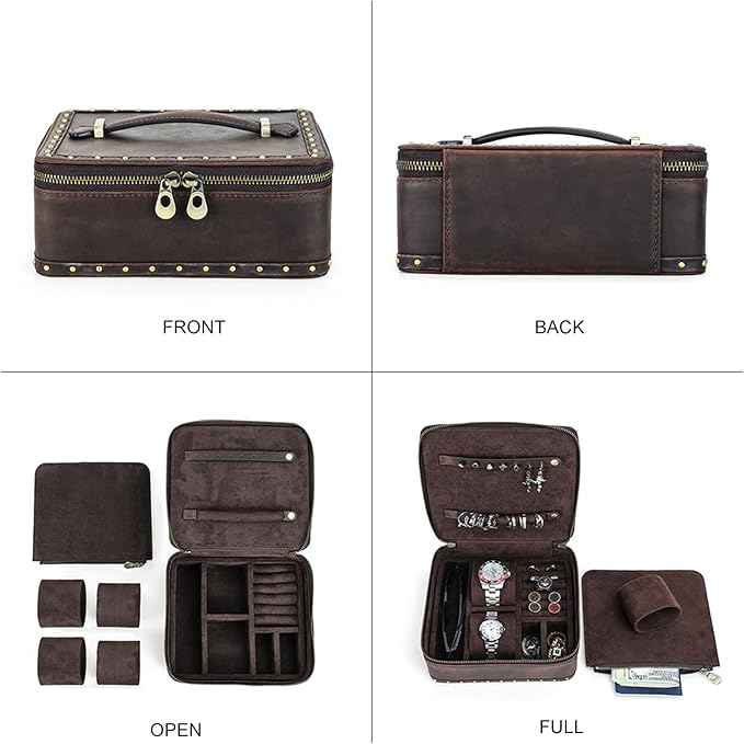 CONTACTS Full Grain Leather Jewelry Box for Men Travel Jewelry Organizer Watch Case Vintage Jewelry Storage Case for Cufflinks Ring Sunglasses Holder by Handmade