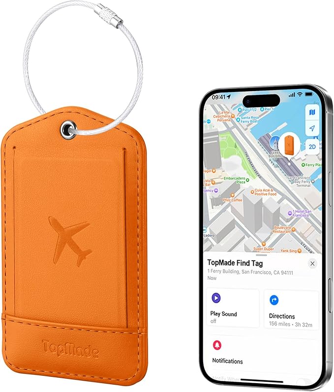 TopMade Smart Luggage Tag with Find My, Premium Leather Luggage Tags for Suitcase, Travel Bags, Backpacks, Anti-Lost Suitcase Tag Tracker for Travel with Privacy Name Card, Rechargeable