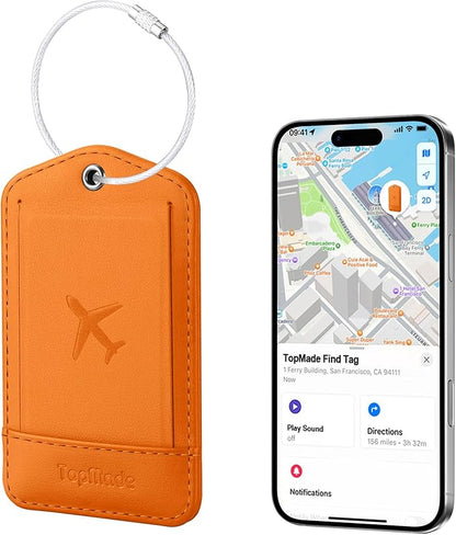 TopMade Smart Luggage Tag with Find My, Premium Leather Luggage Tags for Suitcase, Travel Bags, Backpacks, Anti-Lost Suitcase Tag Tracker for Travel with Privacy Name Card, Rechargeable