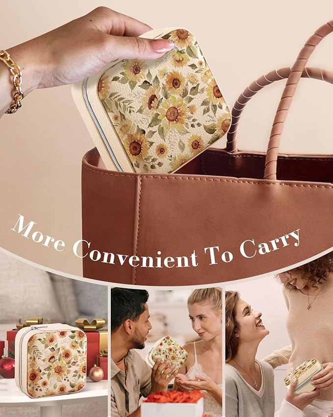 Bistup Travel Jewelry Case - Small Jewelry Organizers and Storage Box for Women Girls Teens Cute Traveling Jewelry Holder with Mirror Little Tiny Compact Modern Unique Aesthetic Pretty, Sunflower