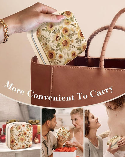 Bistup Travel Jewelry Case - Small Jewelry Organizers and Storage Box for Women Girls Teens Cute Traveling Jewelry Holder with Mirror Little Tiny Compact Modern Unique Aesthetic Pretty, Sunflower